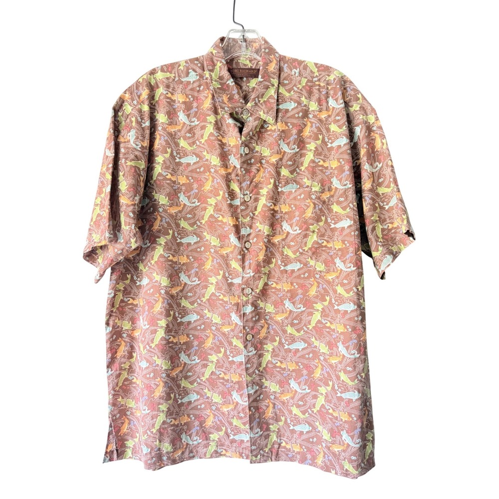 Tori Richard Button Down Shirt Men Medium Brown Koi Fish Coastal Beachy Hawaiian